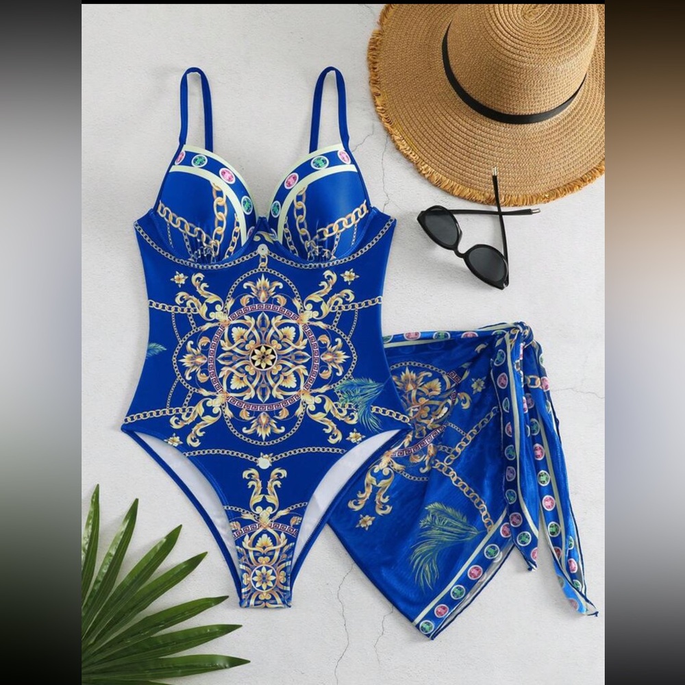 New Vacation Style Floral Print
Spaghetti Strap Bodysuit With Coverup